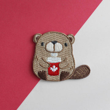 Beaver with Red Coffee Cup Embroidered Patch - 0