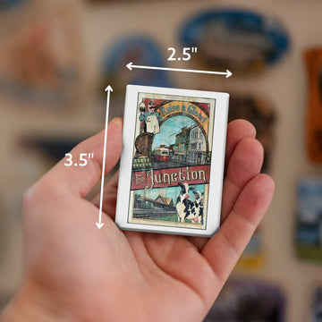The Junction Toronto Fridge Magnet by Rob Croxford - Handheld handmade Canadian fridge magnet featuring The Junction Toronto artwork, unique gift design.