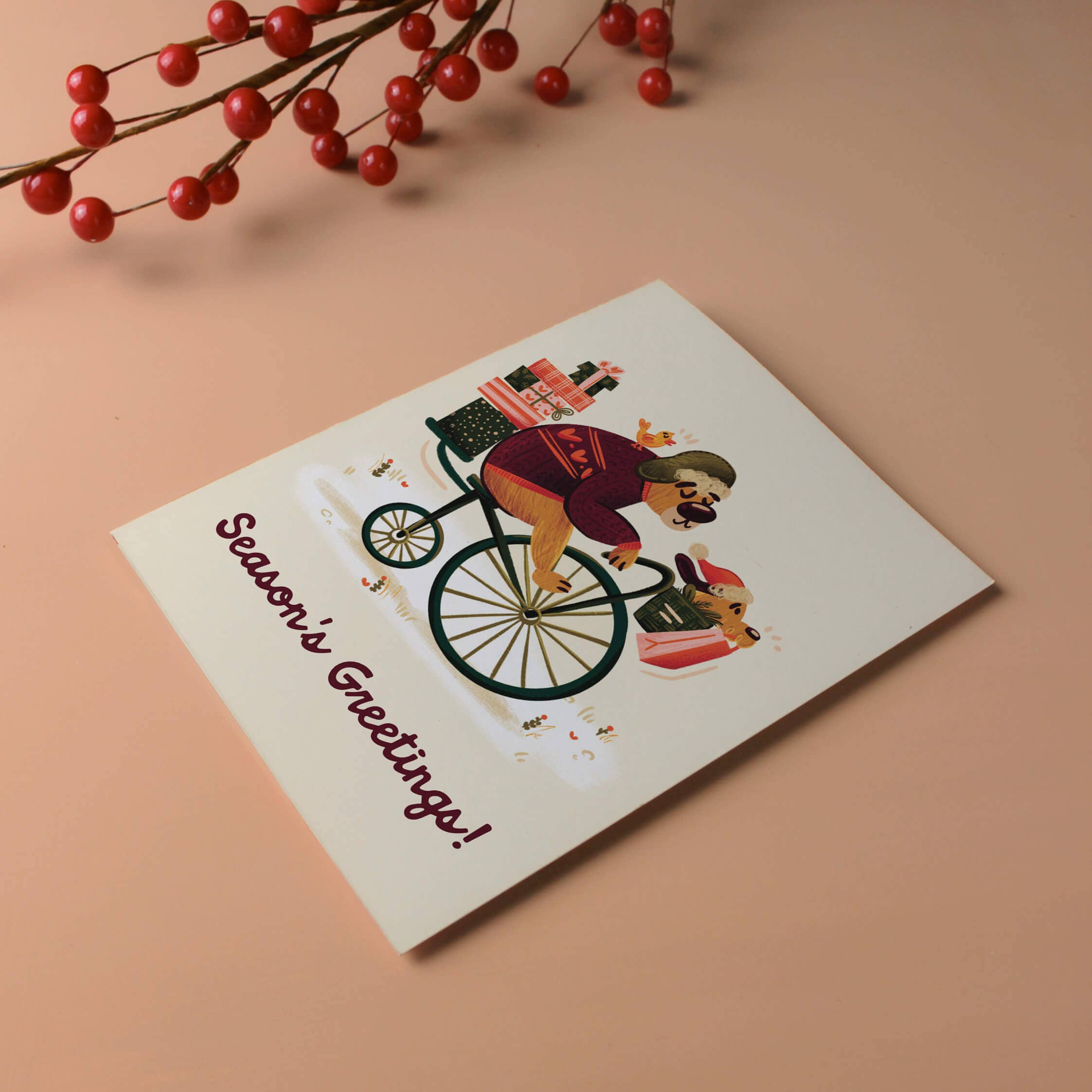 Gift Delivery Bike Bear - Illustrated Holiday Card - 0