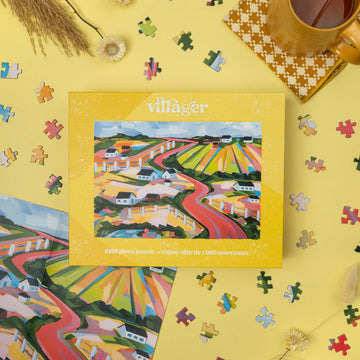 Villager Puzzles | Once Upon a Prairie | 1000-Piece Puzzle for Adults - Villager Puzzles handmade Canadian 1000-piece jigsaw puzzle with colorful prairie farmland artwork, unique gift.