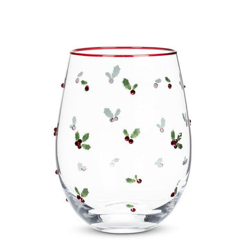 Holly with Berries Christmas Stemless Wine Glass