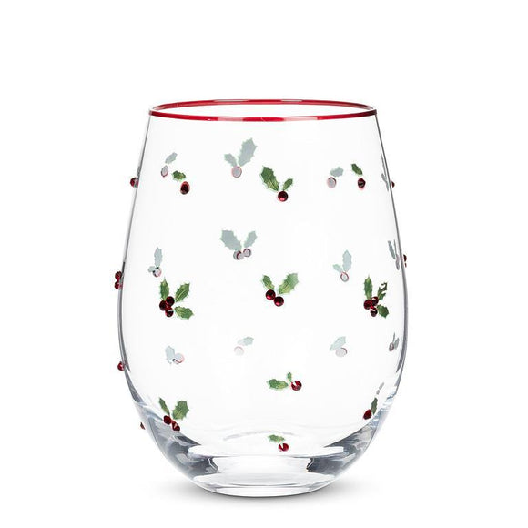 Holly with Berries Christmas Stemless Wine Glass