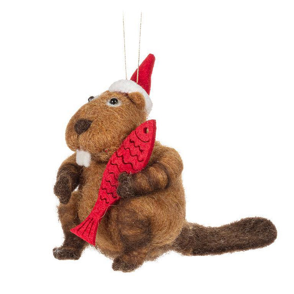 Beaver with Hat & Fish Christmas Ornament