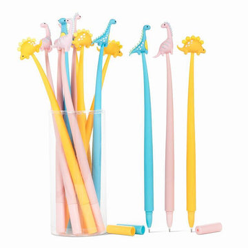 Wobbly Dinosaur Pen - Set of colorful handmade Canadian wobbly dinosaur pens in pastel yellow, pink, and blue, unique kids' gift.