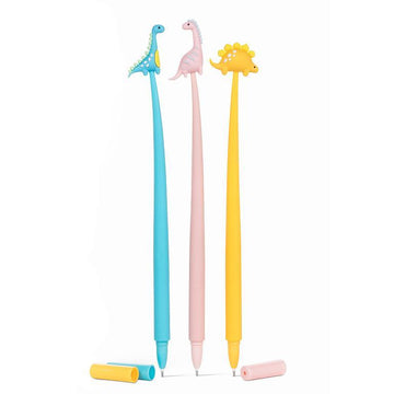 Wobbly Dinosaur Pen - Set of three unique handmade Canadian Wobbly Dinosaur Pens in blue, pink, and yellow, perfect gift for kids.