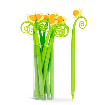Snail on Curly Stem Pen - Handmade Canadian green pen with a curly stem and a cute yellow snail, unique gift idea.