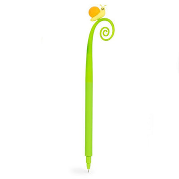 Snail on Curly Stem Pen - Handmade Canadian green pen with a curled stem topped by a small yellow snail, unique gift design.