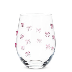 Stemless Wine Glass with Pink Bows