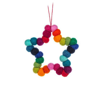 Pompom Star Ornament - Colorful pompom star ornament with handmade, unique design, perfect Canadian Christmas gift.