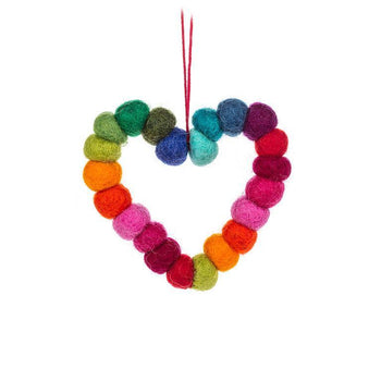 Pompom Heart Ornament - Handmade Canadian pompom heart ornament in vibrant rainbow colors with red hanging string, unique gift idea.