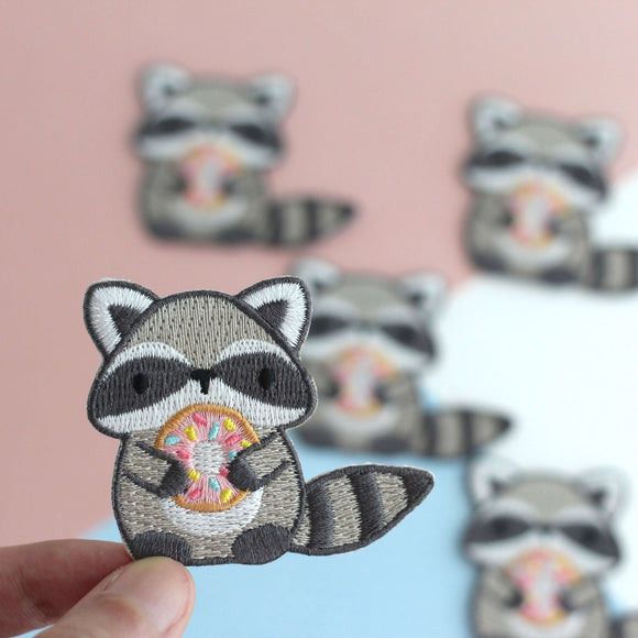 Raccoon Holding Donut Embroidered Patch