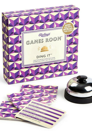 Ding It (Card Game) - Handmade Canadian Ding It card game with purple geometric box, game cards, and silver bell gift set.