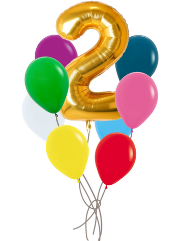 Numbered Balloon Bouquet - Unique handmade Canadian gift balloon bouquet featuring gold foil number 2 and colorful latex balloons.