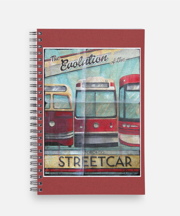 Toronto Streetcar Evolution Notebook | Rob Croxford - Red spiral notebook with vintage Toronto streetcar artwork on cover, unique Canadian gift, handmade stationery.