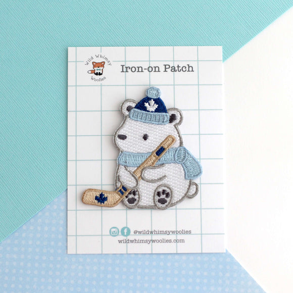 Polar Bear Playing Hockey Embroidered Patch - Maple Leaf Hat