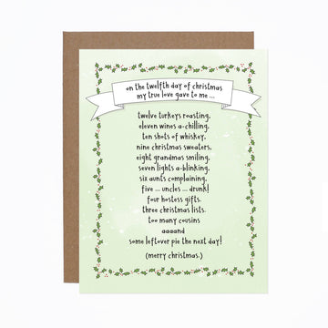 Twelfth Day of Christmas Card - Handmade Canadian Christmas card with Twelfth Day poem, green holly border, unique gift design.