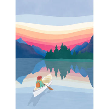 Villager Puzzles | Sunrise Paddle | 1000-Piece Puzzle for Adults - Colorful sunrise landscape puzzle featuring a canoe with two people on calm lake water reflecting mountains and trees.