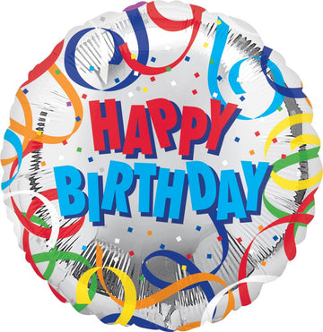 Birthday Helium Balloons (assorted styles) - Silver helium balloon with colorful streamers and bold red and blue "Happy Birthday" text, unique handmade Canadian gift.