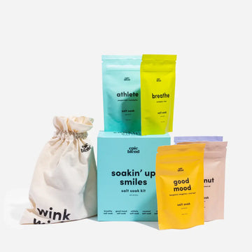 Soakin' Up Smiles - Salt Soak Kit Bundle - Soakin' Up Smiles Canadian handmade salt soak kit bundle with colorful gift pouches and branded drawstring bag.