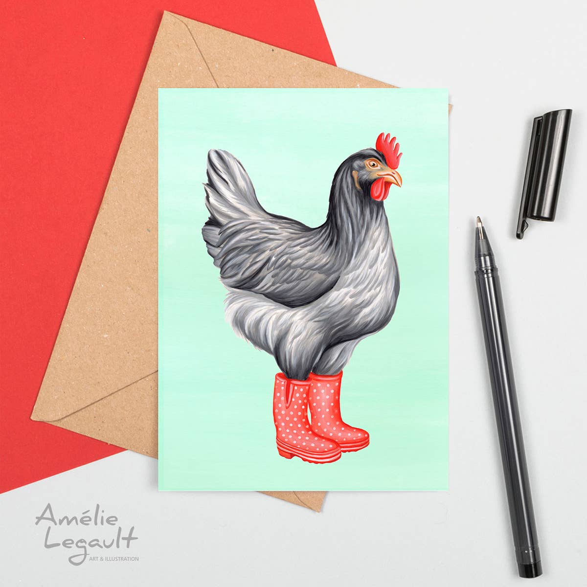 Hen Wearing Rain Boots Card