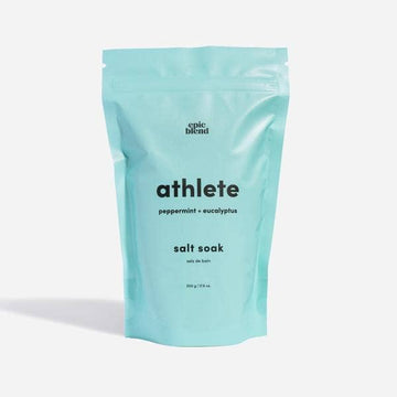 Athlete Bath Salt Soak - Light blue resealable pouch of handmade Athlete Bath Salt Soak with peppermint and eucalyptus, Canadian spa gift.