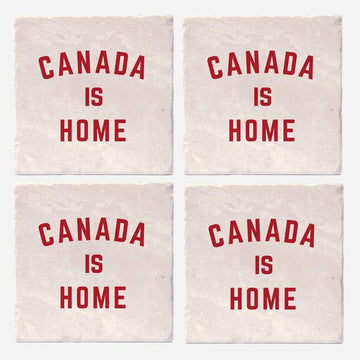 Canada is Home Coasters - Set of four handmade Canadian coasters with red "Canada is Home" text, unique gift idea.