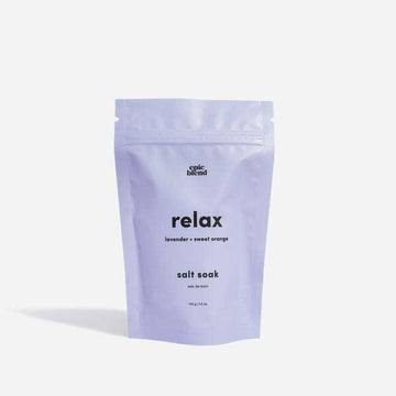 Relax Bath Salt Soak - Lavender purple pouch of handmade Relax Bath Salt Soak with minimalist black text, Canadian gift.