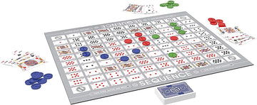 Sequence the Game (Trilingual Edition) - Sequence the Game board with multicolored chips and playing cards, unique handmade Canadian gift edition.