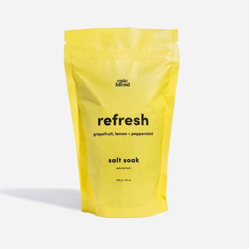 Refresh Bath Salt Soak - Bright yellow pouch of Refresh bath salt soak with grapefruit, lemon, and peppermint, handmade Canadian spa gift.