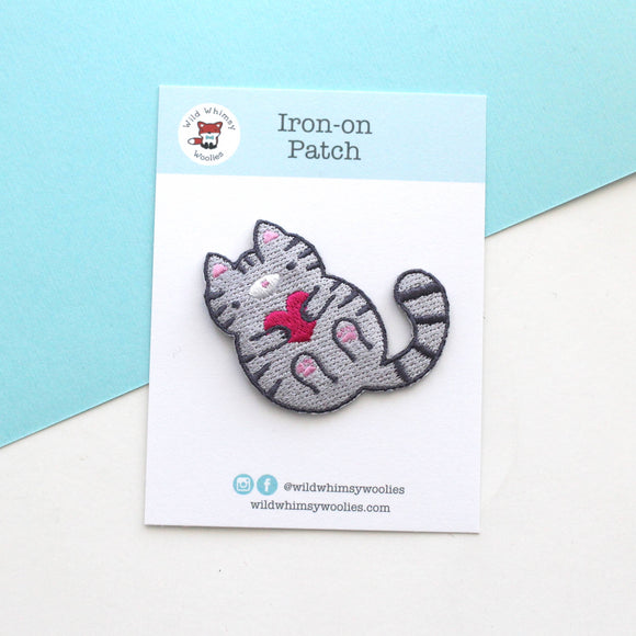 Grey Tabby Cat Embroidered Iron On Patch