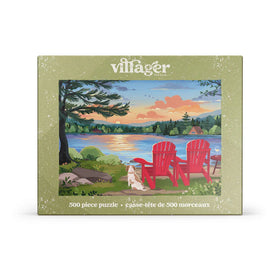 Villager Puzzles | Cottage Country | 500-Piece Puzzle for Adults - Villager 500-piece handmade Canadian puzzle featuring a unique lakeside cottage scene with red chairs, ideal gift for adults .