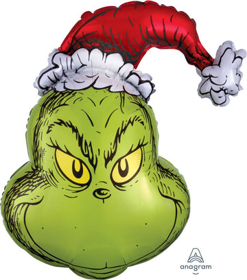 Christmas Supershape Foil Balloons (various styles) - Green Grinch head foil balloon wearing a red Santa hat, unique handmade Canadian Christmas gift.