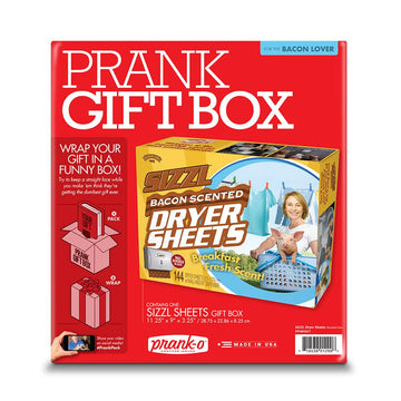 Prank Gift Box Sizzl Bacon Dryer Sheets - Red prank gift box packaging for Canadian handmade Sizzl bacon-scented dryer sheets gift, unique design.