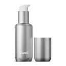 Onyx Travel Bottle Set - Matte silver travel bottle with pump dispenser and matching silver screw cap cup, sleek stainless steel finish.