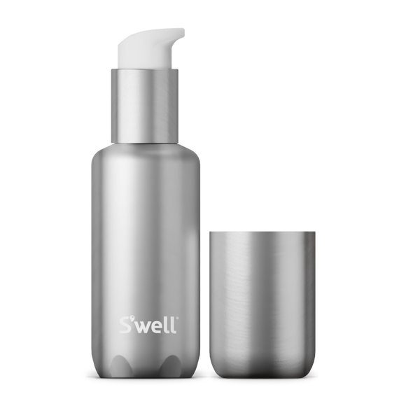 Onyx Travel Bottle Set - Matte silver travel bottle with pump dispenser and matching silver screw cap cup, sleek stainless steel finish.