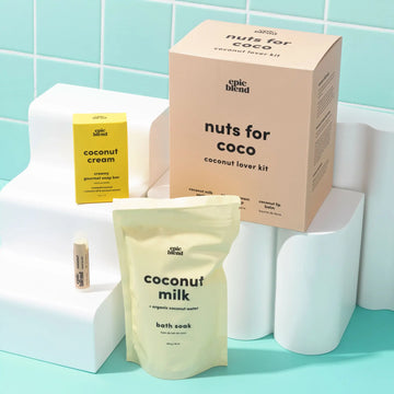 Nuts For Coco - Coconut Lovers Kit Bundle - Handmade Canadian coconut lovers gift kit with coconut cream, coconut milk bath soak, and lip balm in minimalist packaging.