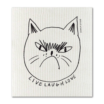 Snitty Kitty "Live Laugh Love" Sponge Cloth - Handmade Canadian sponge cloth with unique grumpy cat face and "Live Laugh Love" text gift design.