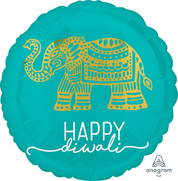 Helium Balloons for Various Occasions - Turquoise handmade helium balloon with gold decorative elephant and "Happy Diwali" text, unique gift.