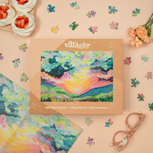 Villager Puzzles | Daybreak | 1000-Piece Puzzle for Adults - Villager Puzzles Daybreak 1000-piece handmade Canadian jigsaw puzzle with colorful sunrise art, unique gift for adults.