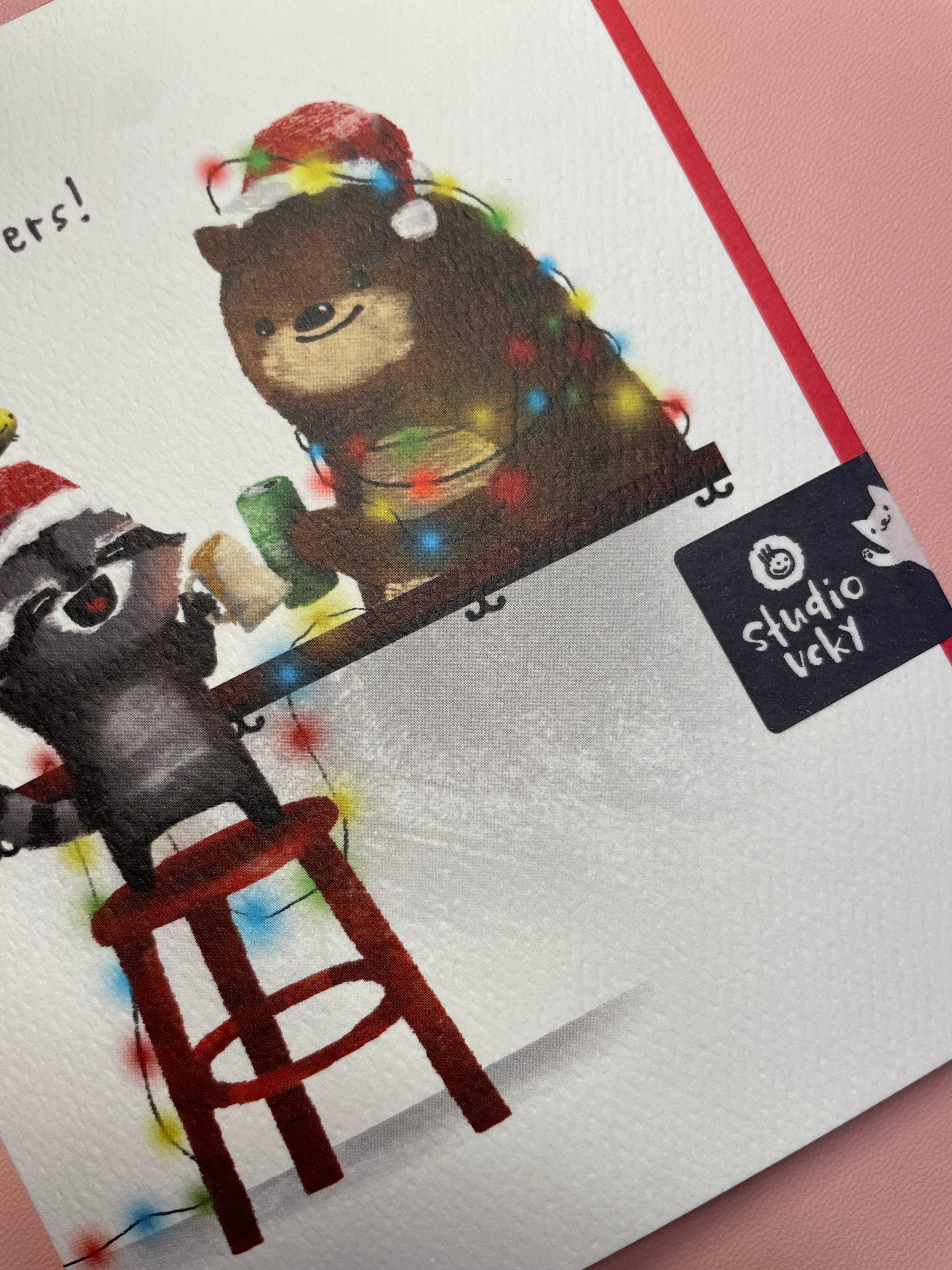 Greeting Card - Holiday Cheers (Raccoon & Bear)