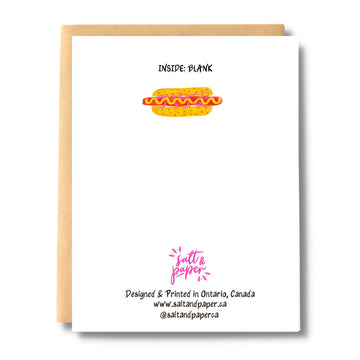 Hot Dog It's Your Birthday - Handmade Canadian birthday card with colorful hot dog illustration, unique gift design.
