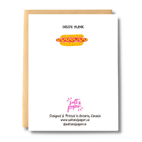 Hot Dog It's Your Birthday - Handmade Canadian birthday card with colorful hot dog illustration, unique gift design.