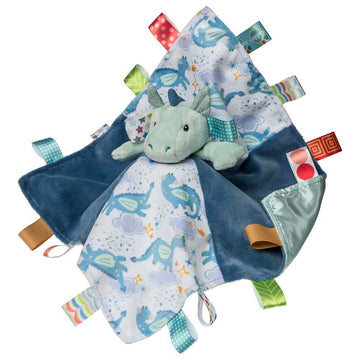 Taggies Character Blanket - Drax Dragon - Handmade Canadian Taggies blanket with Drax Dragon character in soft blue fabric and colorful sensory tags, unique baby gift.