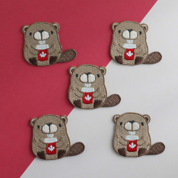 Beaver with Red Coffee Cup Embroidered Patch
