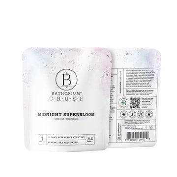 Midnight Superbloom Crush Bath Soak - White and pastel purple Canadian handmade bath soak pouch with minimalist text, a unique gift option.