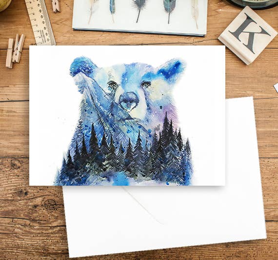 Aurora Bear Northern Lights Night Sky Watercolor Art Card