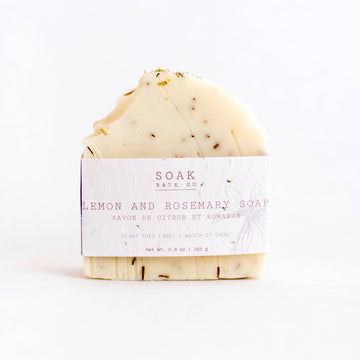 Lemon and Rosemary Soap Bar - Handmade lemon and rosemary soap bar with natural speckles, Canadian gift from SOAK Bath Co.