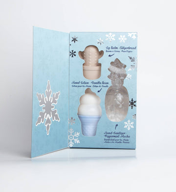 Holiday Essentials GIFT SET - Holiday gift set with vanilla bean almond cookie, snowman ice cream cone bath bomb, and peppermint mocha sugar scrub in.