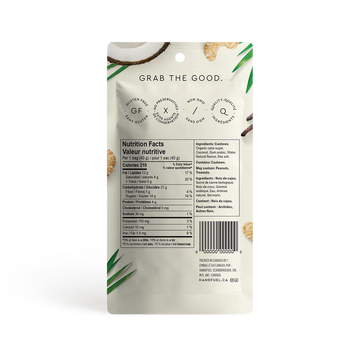 Handfuel Coconut Cashews (40g) - White and beige matte pouch with brown handwritten logo, coconut illustrations, nutrition facts, and barcode on back panel.