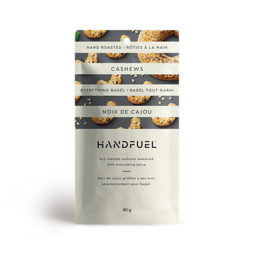 Handfuel Everything Bagel Cashews (40g) - Handfuel handmade Canadian cashews with everything bagel seasoning in white resealable pouch, unique gift.